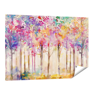 Tuinposter vooraanzicht Aquarelkunstwerk van Kleurrijke Bomen