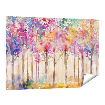 Tuinposter vooraanzicht Aquarelkunstwerk van Kleurrijke Bomen
