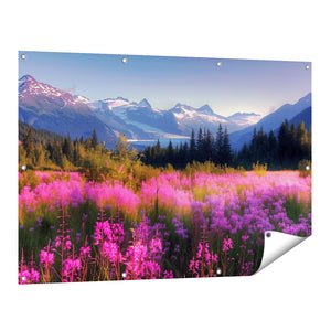 Tuinposter vooraanzicht Roze Bloemen in een Veld