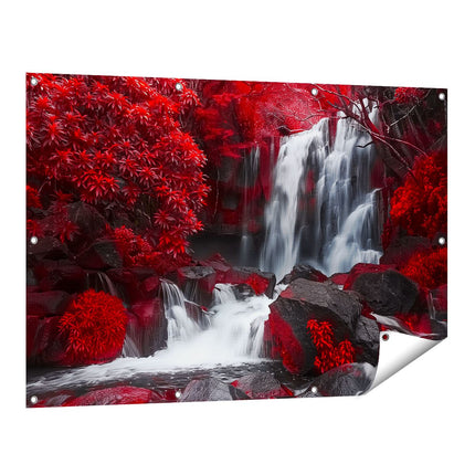 Tuinposter vooraanzicht Waterval in een Rood Bos