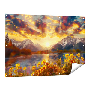 Tuinposter vooraanzicht De Zon gaat onder over de Bergen en Bloemen