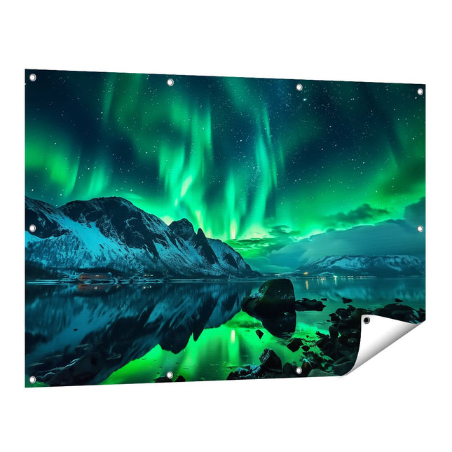 Tuinposter vooraanzicht De Aurora Borealis Verlicht de Nachtelijke Hemel