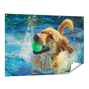 Tuinposter vooraanzicht Hond speelt met een Bal in het Water