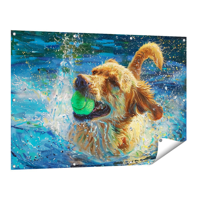 Tuinposter vooraanzicht Hond speelt met een Bal in het Water