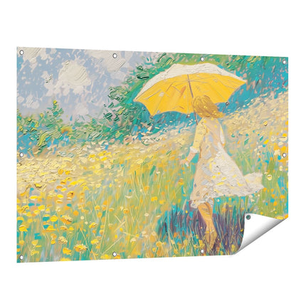 Tuinposter vooraanzicht Vrouw die met een Paraplu door een Veld met Madeliefjes loopt