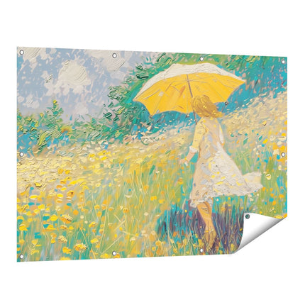 Tuinposter vooraanzicht Vrouw die met een Paraplu door een Veld met Madeliefjes loopt