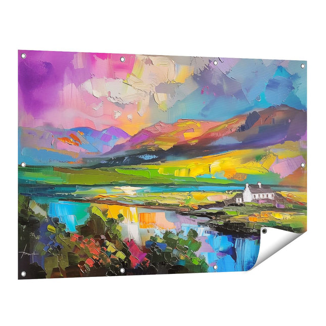 Tuinposter vooraanzicht Kleurrijk Kunstwerk van een Huis in Schotland