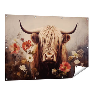 Tuinposter vooraanzicht Hooglandkoe in een Veld met Bloemen