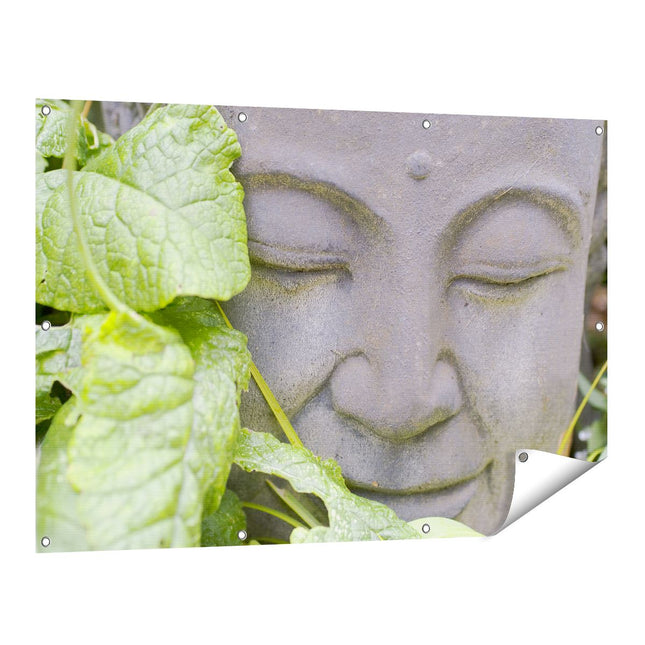Tuinposter vooraanzicht Buddha Hoofd met Blad