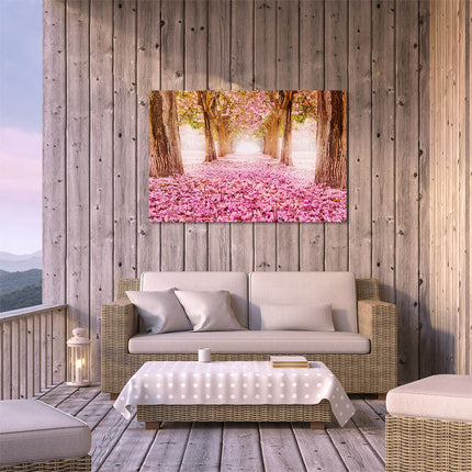 Tuinposter buiten terras Romantische Bomen Tunnel Met Roze Anjers