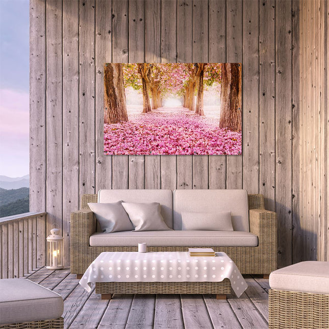 Tuinposter buiten terras Romantische Bomen Tunnel Met Roze Anjers