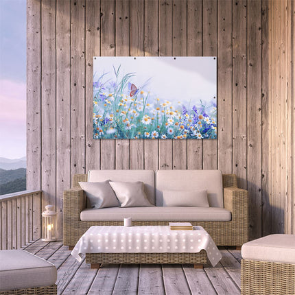 Tuinposter buiten terras Witte Kamille Bloemen Met Een Vlinder