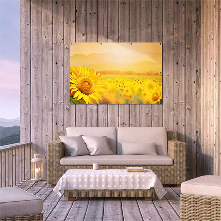 Tuinposter buiten terras Zonnebloemen Veld Met Zonopkomst