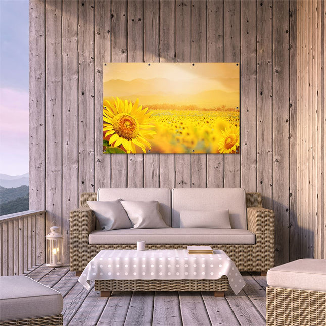Tuinposter buiten terras Zonnebloemen Veld Met Zonopkomst