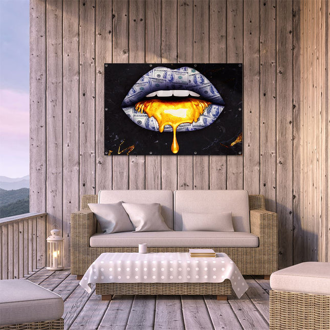 Tuinposter buiten terras Dollar Lippen Met Goud