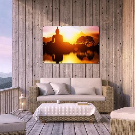 Tuinposter buiten terras Silhouet Van Boeddha Beeld Met Zonsondergang