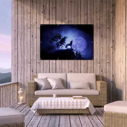 Tuinposter buiten terras Huilende Wolf In Silhouet Bij Volle Maan