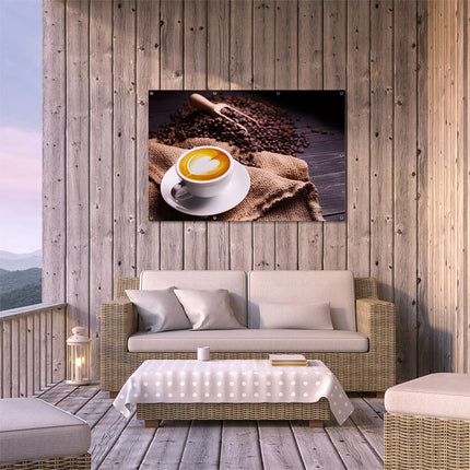 Tuinposter buiten terras Kopje Koffie In Een Hartje Met Koffiebonen
