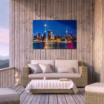 Tuinposter buiten terras Verlichte Skyline Van New York Met Volle Maan