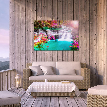 Tuinposter buiten terras Waterval In De Herfst Met Kleurrijke Bloemen