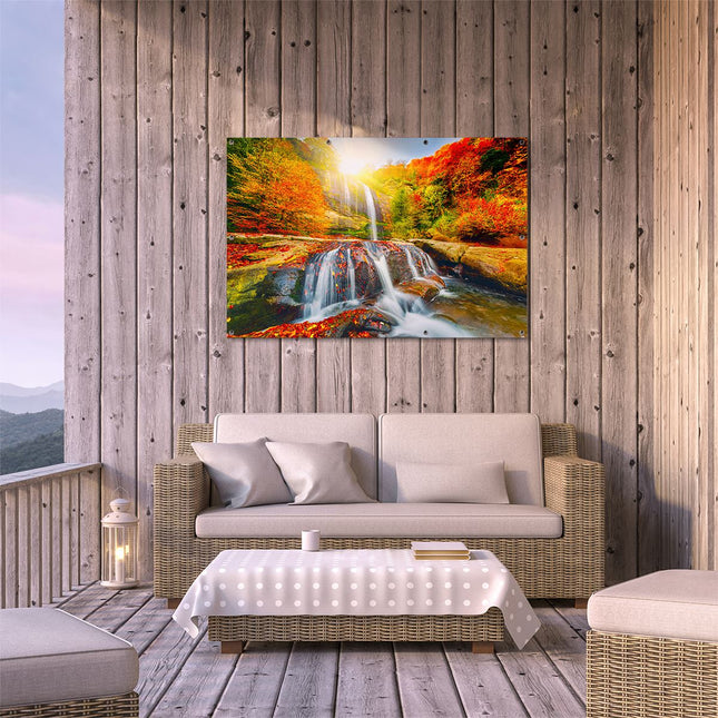 Tuinposter buiten terras Waterval In De Herfst Kleuren