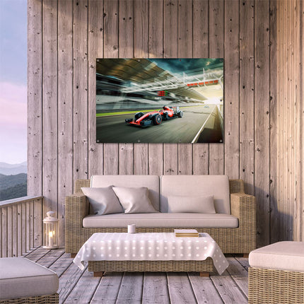 Tuinposter buiten terras Formule 1 Auto bij de Finish in het Rood