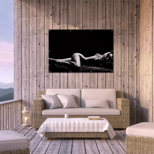 Tuinposter buiten terras Vrouw Naakt in Bed - Erotiek - Zwart Wit