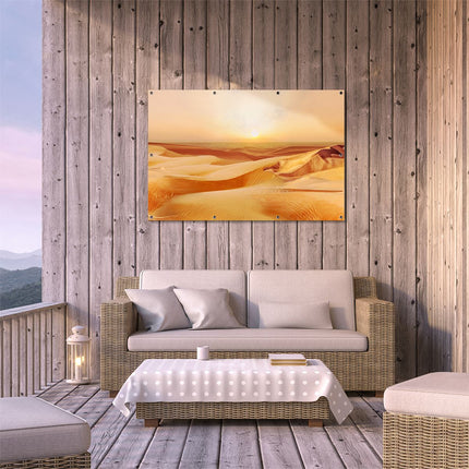 Tuinposter buiten terras Woestijn bij Zonsondergang in de Sahara