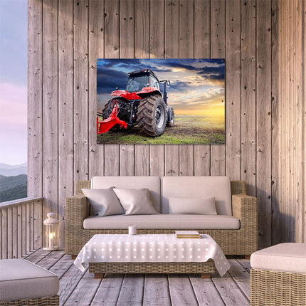 Tuinposter buiten terras Rode Tractor bij Zonsondergang - Trekker