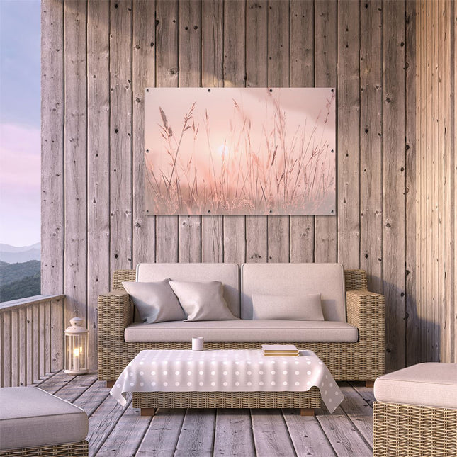 Tuinposter buiten terras De Zon gaat onder boven een Grasveld