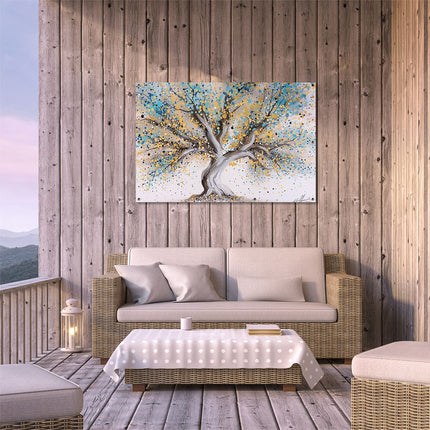 Tuinposter buiten terras Abstract Kunstwerk van een Boom in Blauw en Geel