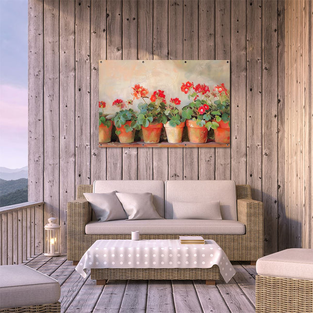 Tuinposter buiten terras Rode Geraniums in Potten