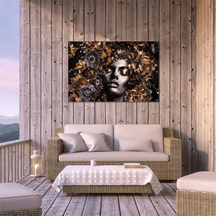 Tuinposter buiten terras Vrouw met Bloemen op haar Hoofd