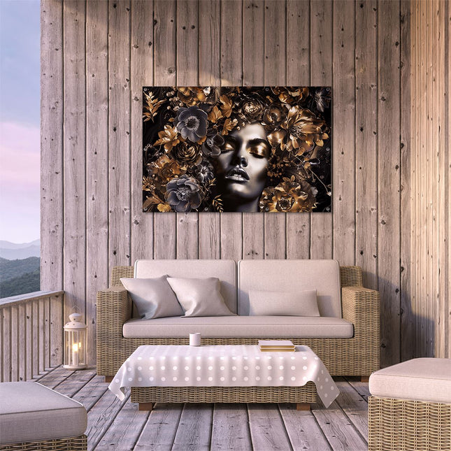 Tuinposter buiten terras Vrouw met Bloemen op haar Hoofd