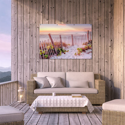 Tuinposter buiten terras Pad dat Leidt naar het Strand bij Zonsondergang