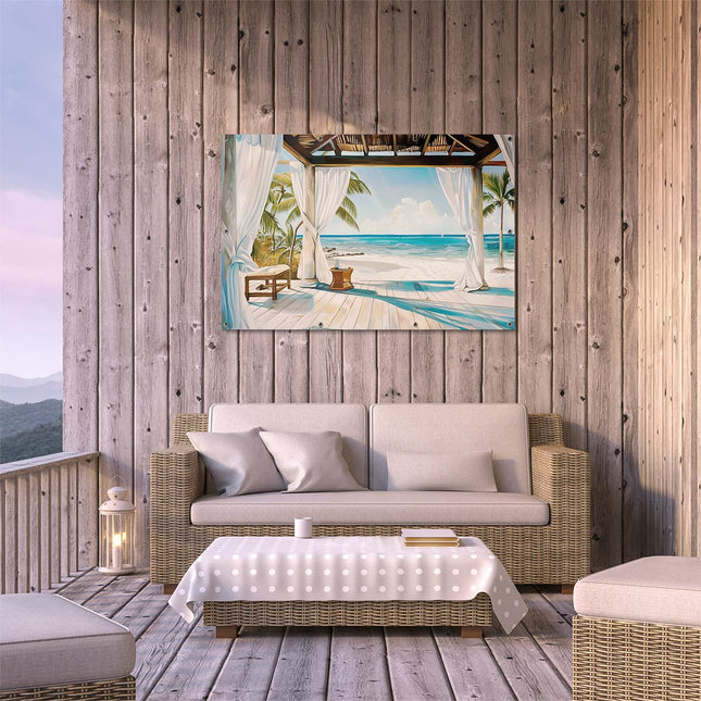 Tuinposter buiten terras Kunstwerk van een Veranda met Uitzicht op de Oceaan