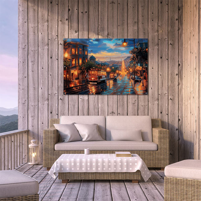 Tuinposter buiten terras Kunstwerk van een Straatbeeld met een Kabelbaan