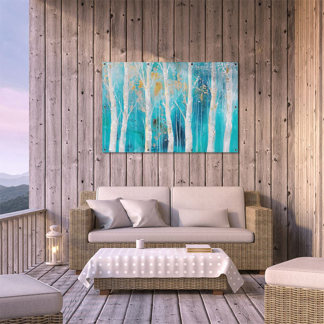 Tuinposter buiten terras Kunstwerk van Berkenbomen in Blauw en Goud