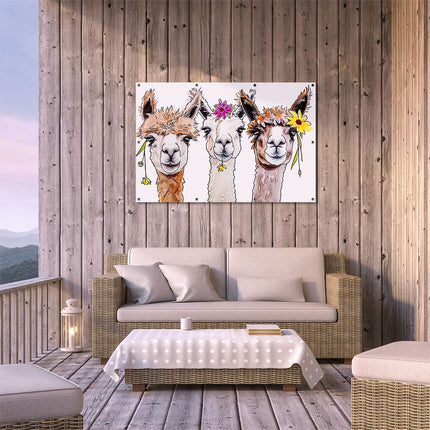 Tuinposter buiten terras Drie Lama's met Bloemen op hun Hoofd