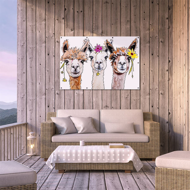 Tuinposter buiten terras Drie Lama's met Bloemen op hun Hoofd