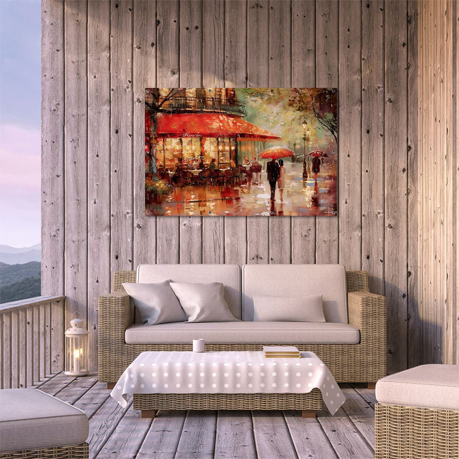 Tuinposter buiten terras Kunstwerk van een Stel dat in de Regen door een Straat loopt