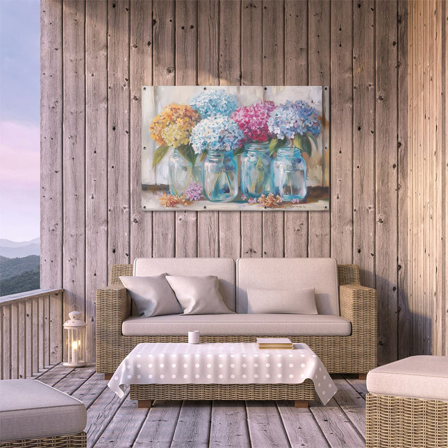 Tuinposter buiten terras Hortensia's in Glazen Potten