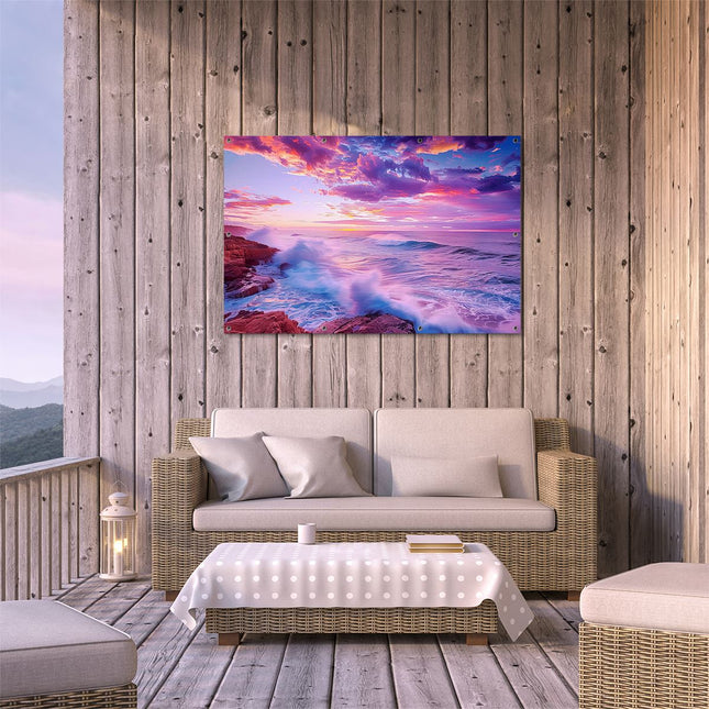 Tuinposter buiten terras Kleurrijke Zonsondergang over een Rotsachtige Kust