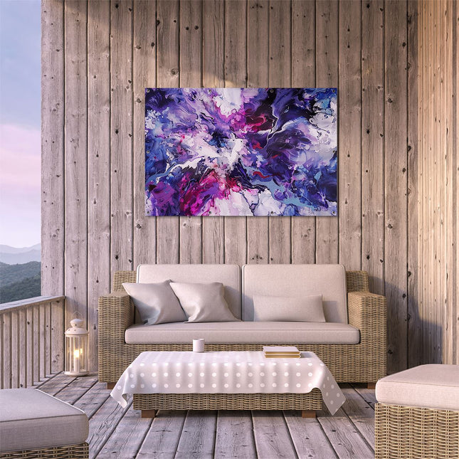 Tuinposter buiten terras Abstract Kunstwerk met Paarse, Blauwe en Zwarte Kleuren