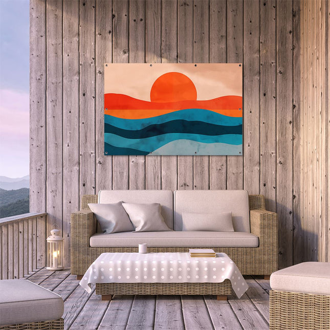 Tuinposter buiten terras De Zon komt op boven de Oceaan