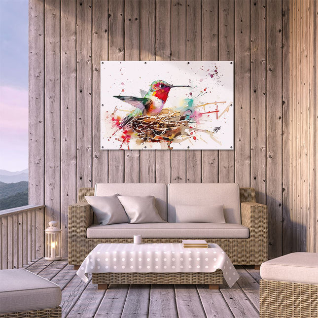 Tuinposter buiten terras Aquarelkunstwerk van een Kolibrie in een Nest