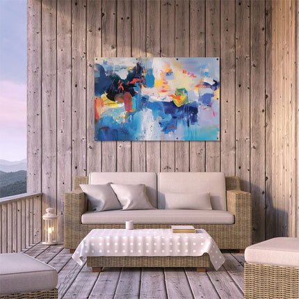 Tuinposter buiten terras Abstract Kunstwerk met Blauwe, Gele en Oranje Kleuren