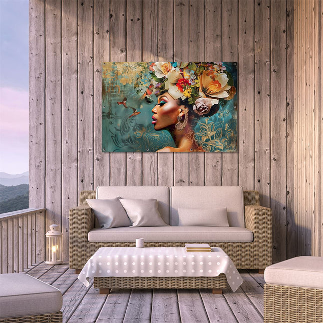 Tuinposter buiten terras Vrouw met Bloemen op haar Hoofd