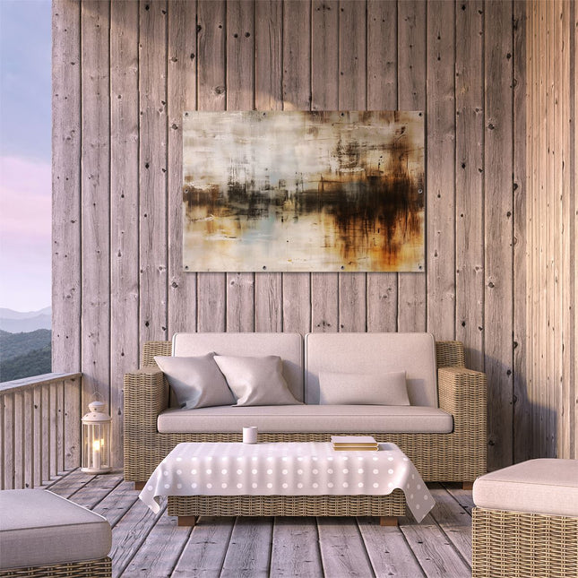 Tuinposter buiten terras Abstract Kunstwerk met Bruine, Blauwe en Witte Kleuren