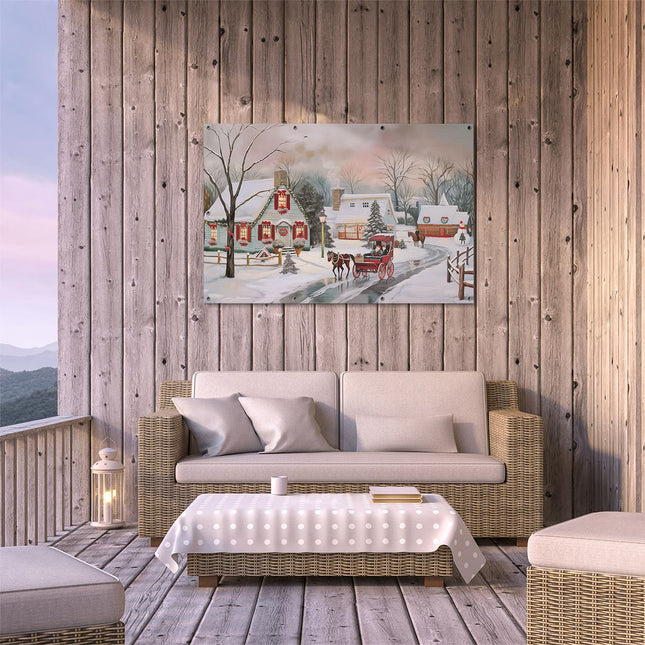 Tuinposter buiten terras Kunstwerk van een Kerstdorp met een Paardenkoets
